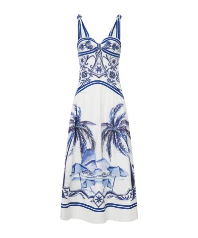 Farm Rio Fitted Linen Long Dress With Wonderful City Print And Striped Shoulder Straps In White