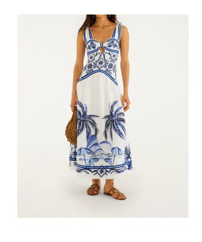 Farm Rio Fitted Linen Long Dress With Wonderful City Print And Striped Shoulder Straps In White