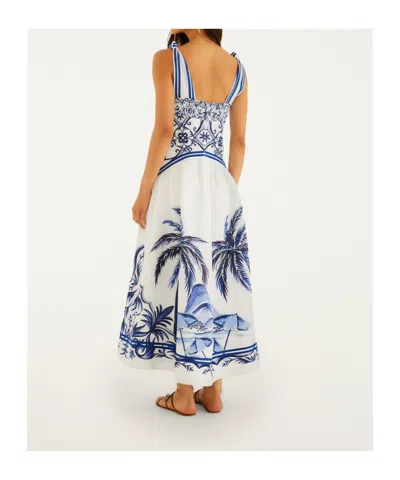Farm Rio Fitted Linen Long Dress With Wonderful City Print And Striped Shoulder Straps In White