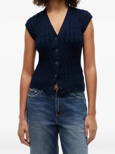 Tommy Hilfiger Cable-knit Sleeveless Cardigan In Blue