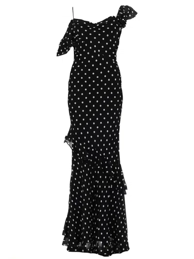 Self-portrait Long Dress Black Polka Dot With V-neck In Black Georgette For Women