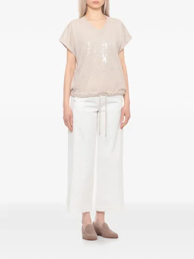 Panicale Sequin-embellished Drawstring T-shirt In Neutral