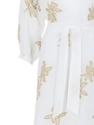 120% Lino Relaxed Fit Midi Dress With Gold Floral Lurex Details In White