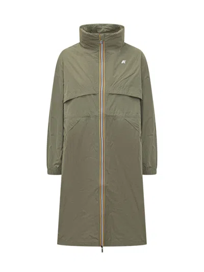 K-way Aube Memory Touch Drawstring Panelled Coat In Green