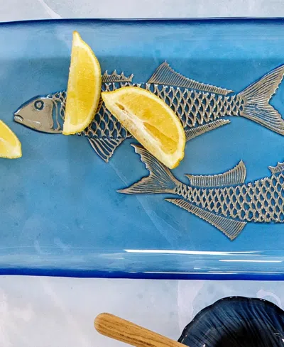 Vietri Isola Glass Medium Fish Rectangular Tray In Blue