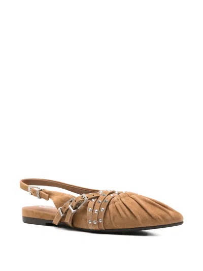 Ash Brown Flat Sandals With Pleated Leather Upper And Metallic Accents In Brown