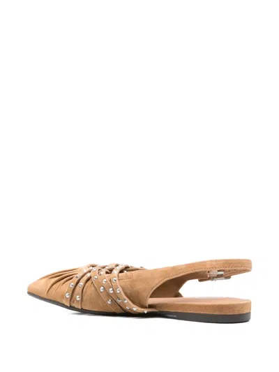 Ash Brown Flat Sandals With Pleated Leather Upper And Metallic Accents In Brown