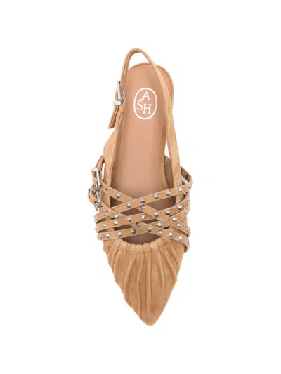 Ash Brown Flat Sandals With Pleated Leather Upper And Metallic Accents In Brown