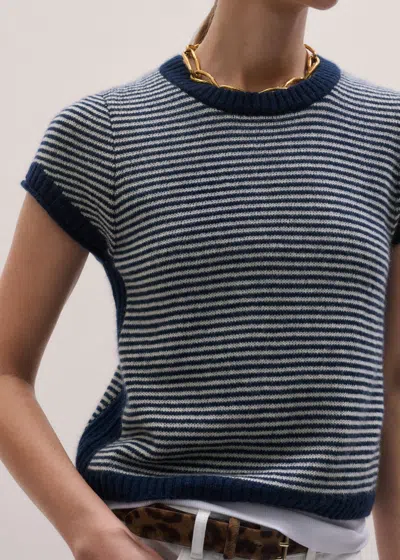 Me+em Merino Cashmere Silk Stripe Straight Baby Tee Navy-cream In Blue