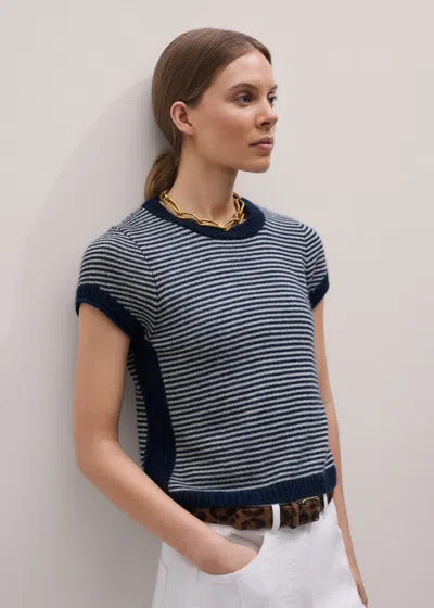 Me+em Merino Cashmere Silk Stripe Straight Baby Tee Navy-cream In Blue
