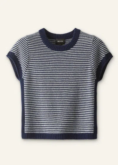 Me+em Merino Cashmere Silk Stripe Straight Baby Tee Navy-cream In Blue