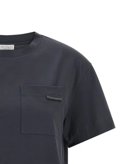 Brunello Cucinelli Navy Blue Solid Crew Neck T-shirt In Blue