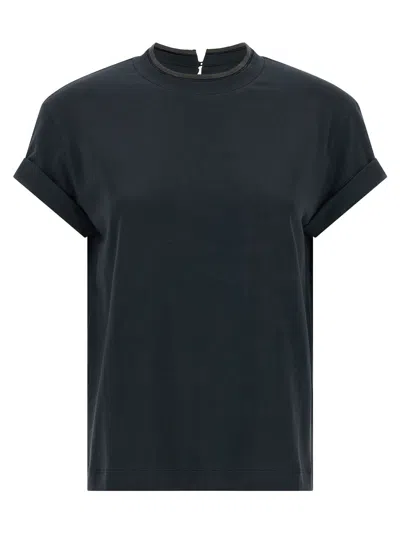 Brunello Cucinelli Women Blue Crewneck T-shirt With Monil Detail On The Collar And Rear Cut-out In C In Blue