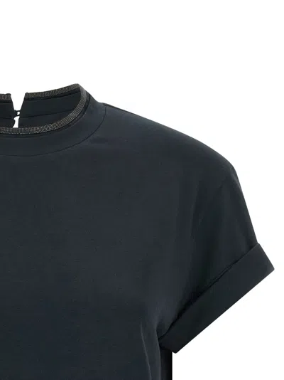 Brunello Cucinelli Women Blue Crewneck T-shirt With Monil Detail On The Collar And Rear Cut-out In C In Blue