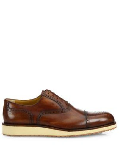 Shop A. Testoni' Brogue Delave   Leather Oxfords In Caramel