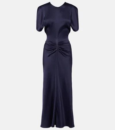 Victoria Beckham Womens Navy Pin-tuck Waist Satin Flared Gown In Blue