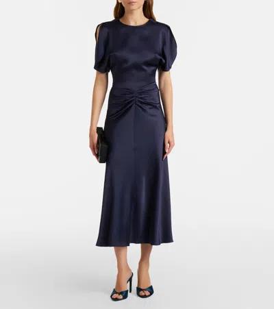 Victoria Beckham Womens Navy Pin-tuck Waist Satin Flared Gown In Blue
