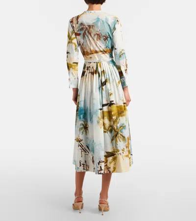 Oscar De La Renta Long-sleeve Landscape-print Cotton Poplin Midi Shirtdress With Belt In Multi