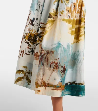 Oscar De La Renta Long-sleeve Landscape-print Cotton Poplin Midi Shirtdress With Belt In Multi