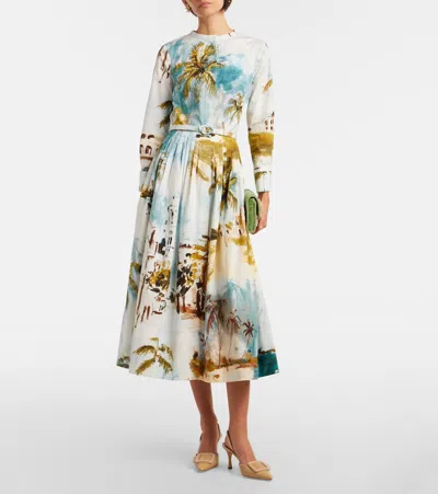 Oscar De La Renta Long-sleeve Landscape-print Cotton Poplin Midi Shirtdress With Belt In Multi