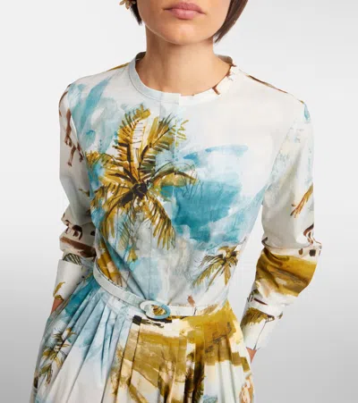Oscar De La Renta Long-sleeve Landscape-print Cotton Poplin Midi Shirtdress With Belt In Multi