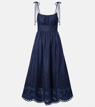 Zimmermann Mohan Broderie Anglaise Trim Denim Midi Dress In Blue
