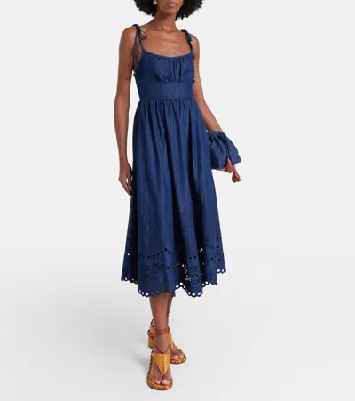 Zimmermann Mohan Broderie Anglaise Trim Denim Midi Dress In Blue