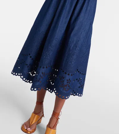 Zimmermann Mohan Broderie Anglaise Trim Denim Midi Dress In Blue