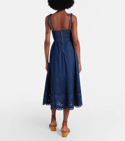 Zimmermann Mohan Broderie Anglaise Trim Denim Midi Dress In Blue
