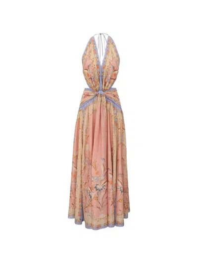 Zimmermann Indra Plunge Printed Metallic Cotton And Silk-blend Halterneck Maxi Dress In Brown