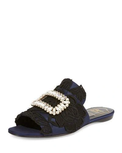 Roger Vivier Flat Sandals Slipper Rabat In Silk Satin With Guipure Pattern And New Crystal Buckle In Black/blue