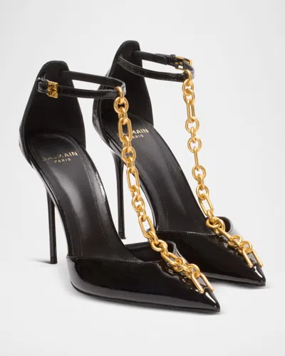 Balmain Sync Patent Leather Chain T-strap Pumps In Black