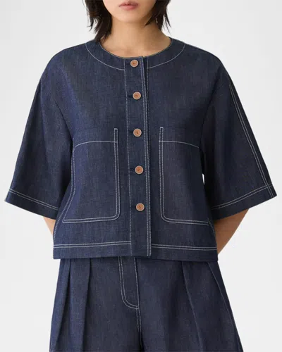 Lafayette 148 Chambray Cotton Patch Pocket Cropped Jacket In Blue