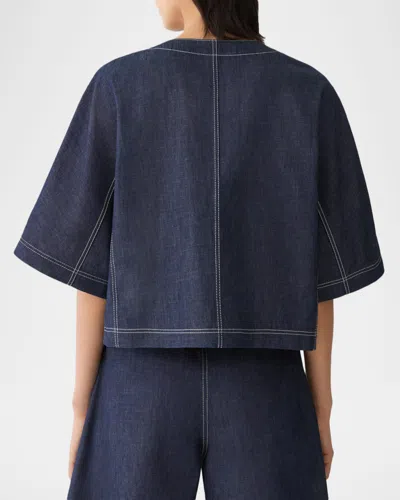 Lafayette 148 Chambray Cotton Patch Pocket Cropped Jacket In Blue