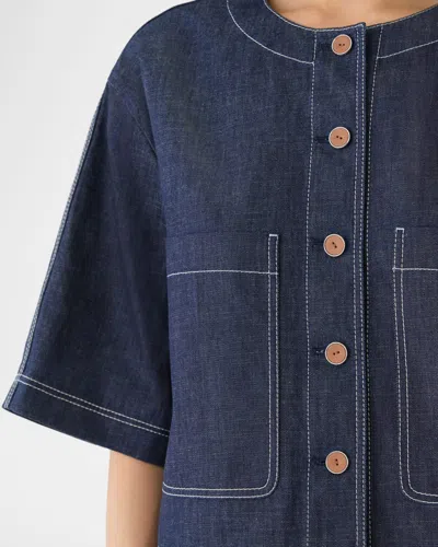 Lafayette 148 Chambray Cotton Patch Pocket Cropped Jacket In Blue