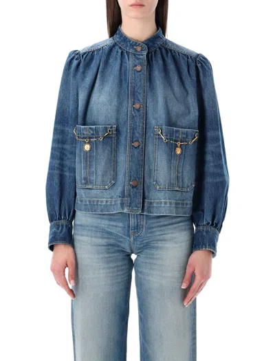 Chloé Blue Jacket With High Neck And Chain Detail On The Front In Denim Woman In Blue