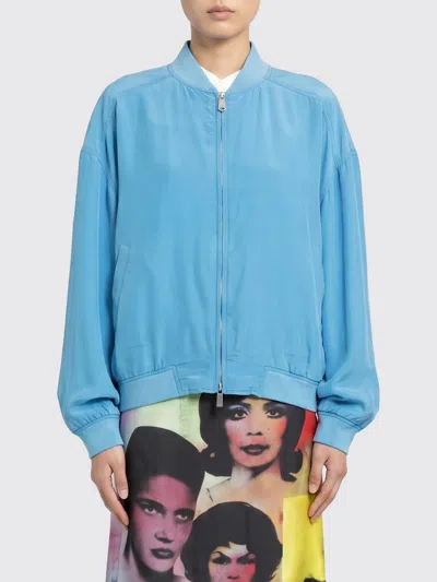 Versace Relaxed Fit Silk Jacket With Embroidered Logo And Zipper Closure In Blue
