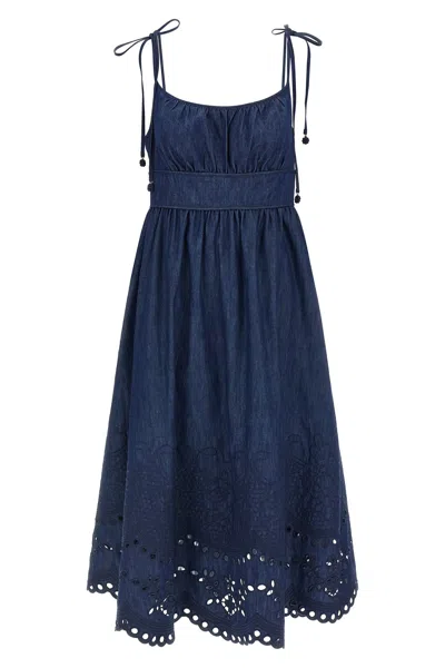 Zimmermann Mohan Broderie Anglaise Trim Denim Midi Dress In Blue