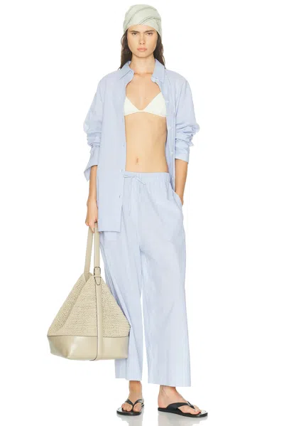 Totême Womens Sky Logo-embroidered Wide-leg Cotton And Linen Trousers In Blue