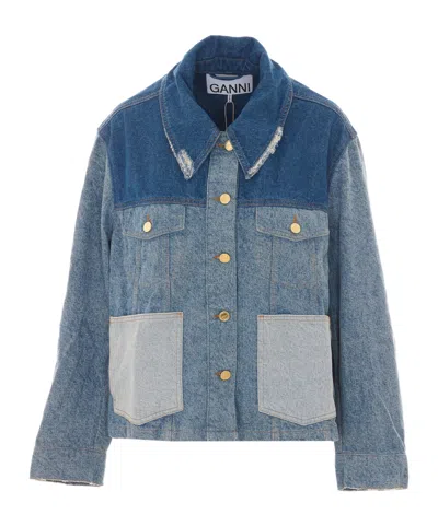 Ganni Patchwork Denim Short Jacket Mid Blue Vintage In Blue