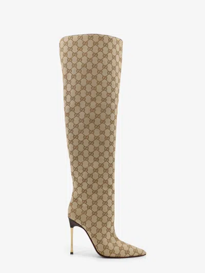 Gucci Knee Length Stiletto Heel Pointed Toe Boots In Nude