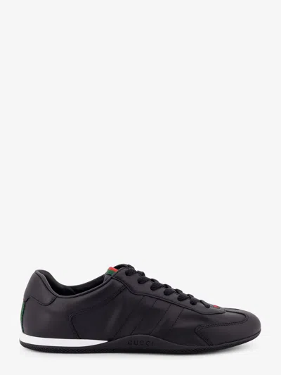 Gucci Men Black Low Top Sneakers With Web Tongue In Leather Man In Black