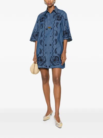 Zimmermann Aster Broderie Anglaise-trimmed Cotton-denim Mini Dress In Blue