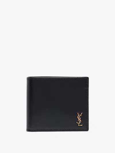 Saint Laurent Compact Leather Wallet With Interlocking Ysl Logo In Black