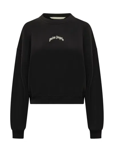 Palm Angels Neutrals Crop Crewneck Arched Logo Sweatshirt In Black