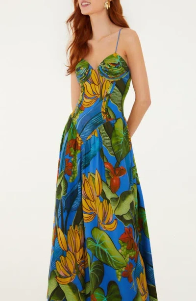 Farm Rio Blue Banana Grapes 3d Bodice Sleeveless Maxi Dress In Multi