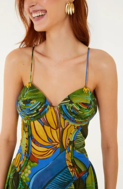Farm Rio Blue Banana Grapes 3d Bodice Sleeveless Maxi Dress In Multi