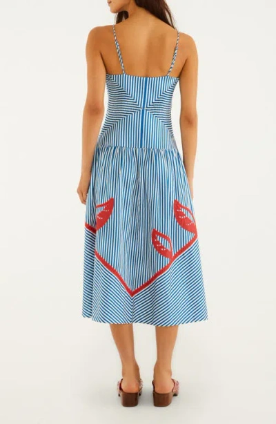 Farm Rio Sky Striped Embroidered Cotton Poplin Midi Dress In Blue