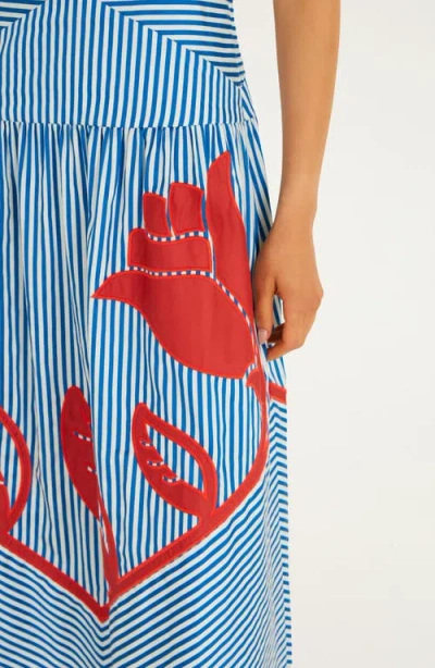Farm Rio Sky Striped Embroidered Cotton Poplin Midi Dress In Blue