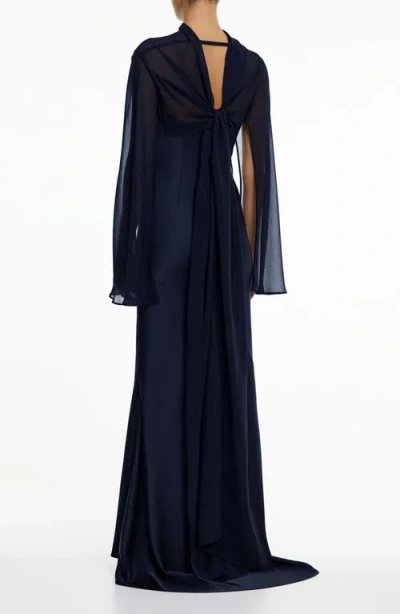 Significant Other Devlyn Chiffon Drape Long Sleeve Gown In Blue